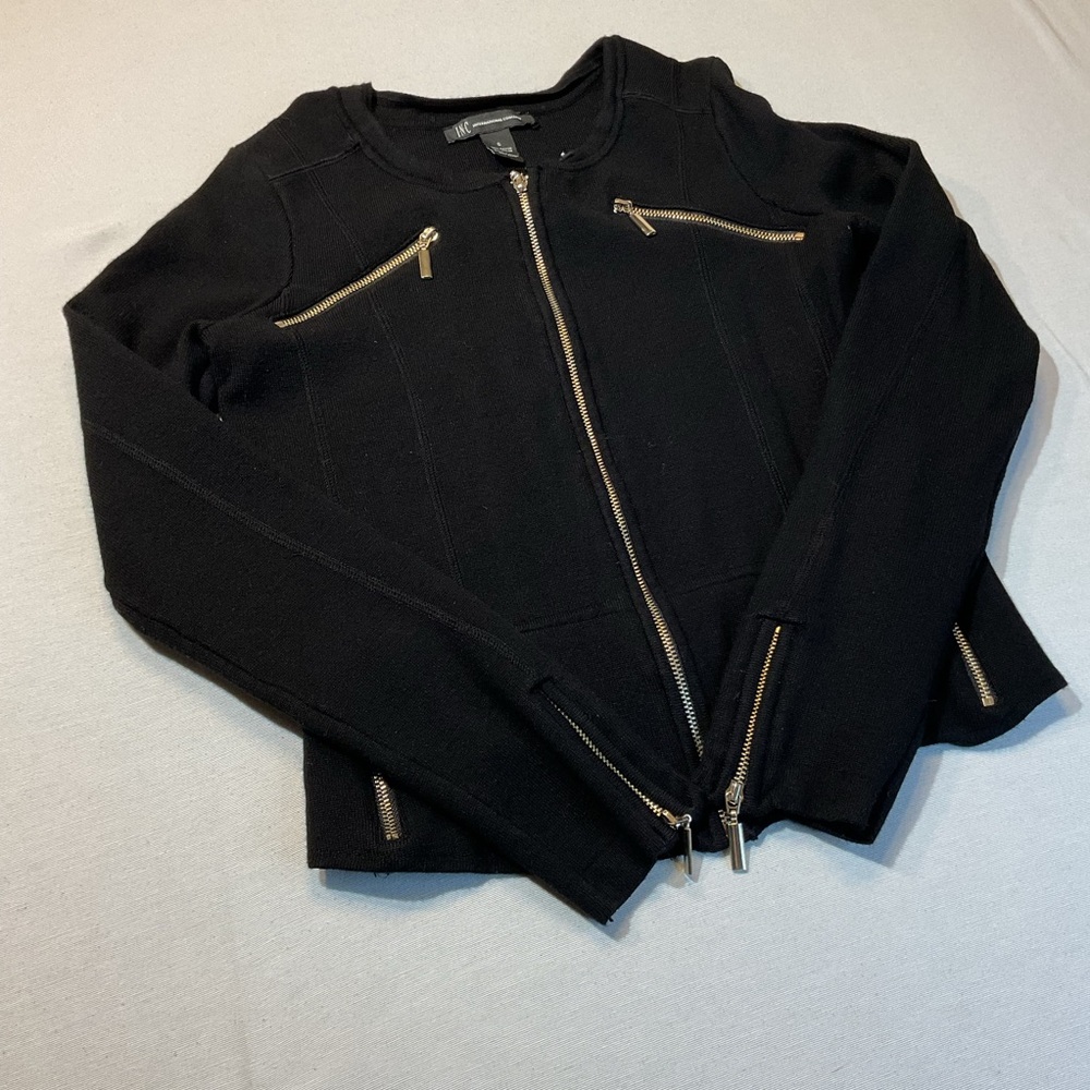 INC International Concepts Black 70% Rayon Blazer Jacket Zip Gold Accents Size S